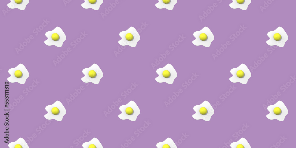 pattern. Image of chicken egg on pastel purple purple backgrounds. Egg with round yolk. Surface overlay pattern. 3D image. 3D rendering. Banner for insertion into site. Horizontal image. pattern. Image of chicken egg on pastel purple purple backgrounds. Egg with round yolk. Surface overlay pattern. 3D image. 3D rendering. Banner for insertion into site. Horizontal image.
