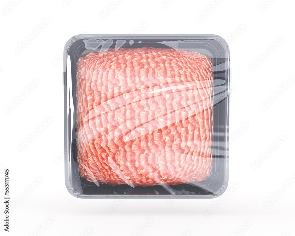 Plastic food tray with fresh raw minced meat and wrapping by transparent film 3d render. Ground beef, pork or lamb in styrofoam package in supermarket and store top view Plastic food tray with fresh raw minced meat and wrapping by transparent film 3d render. Ground beef, pork or lamb in styrofoam package in supermarket and store top view