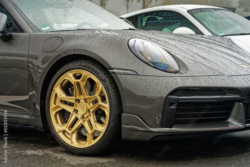 Dortmund, Germany 09 11 2022 front side view of gray Porsche 911