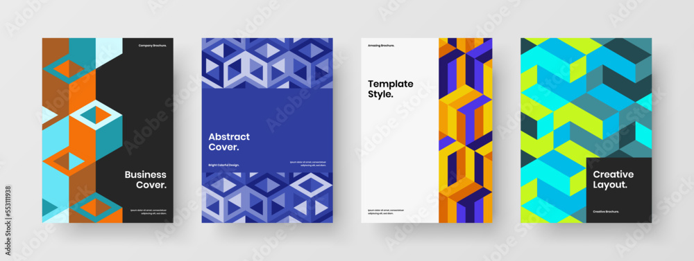 Minimalistic geometric tiles annual report template bundle. Clean flyer A4 vector design concept composition.