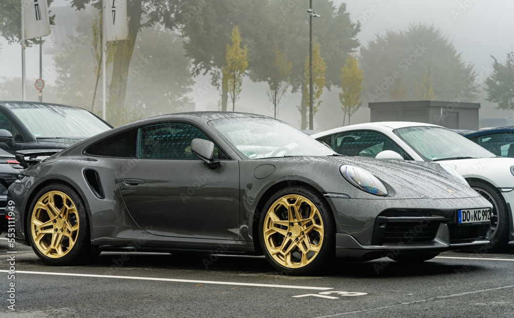 Dortmund, Germany 09 11 2022 front side view of gray Porsche 911