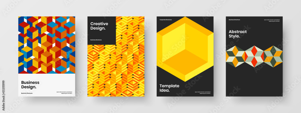 Vivid corporate cover design vector template set. Colorful mosaic tiles brochure concept collection.