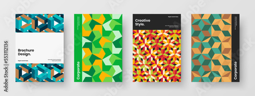 Bright geometric pattern corporate brochure concept composition. Original company cover A4 vector design illustration bundle.