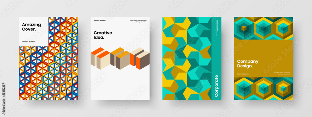 Bright geometric shapes pamphlet template collection. Colorful journal cover design vector concept set.