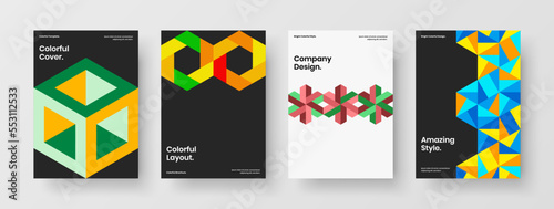 Vivid geometric pattern corporate brochure illustration collection. Simple company cover A4 design vector layout set.