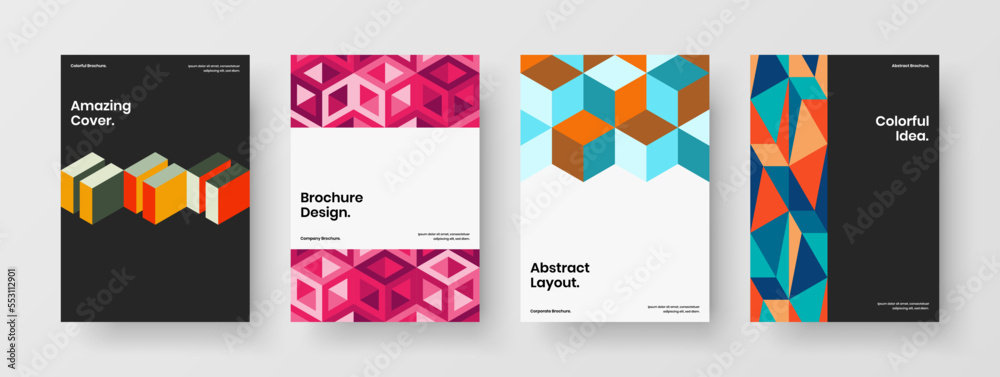 Trendy mosaic pattern magazine cover template set. Bright corporate brochure A4 vector design layout bundle.