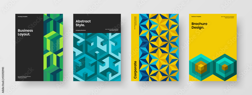 Premium company brochure A4 vector design template bundle. Clean mosaic hexagons cover illustration collection.