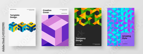 Multicolored annual report A4 design vector concept set. Fresh geometric pattern booklet layout composition.