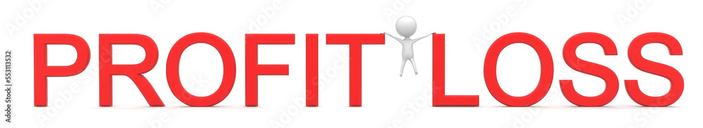 3d man in between profit and loss text concept 3d man in between profit and loss text concept
