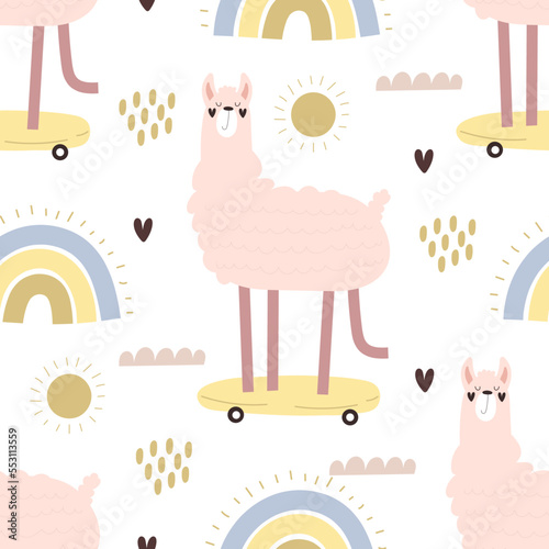 Seamless pattern with cartoon llamas, decor elements. colorful vector for kids, flat style. hand drawing. animals. Baby design for fabric, textile, print, wrapper.