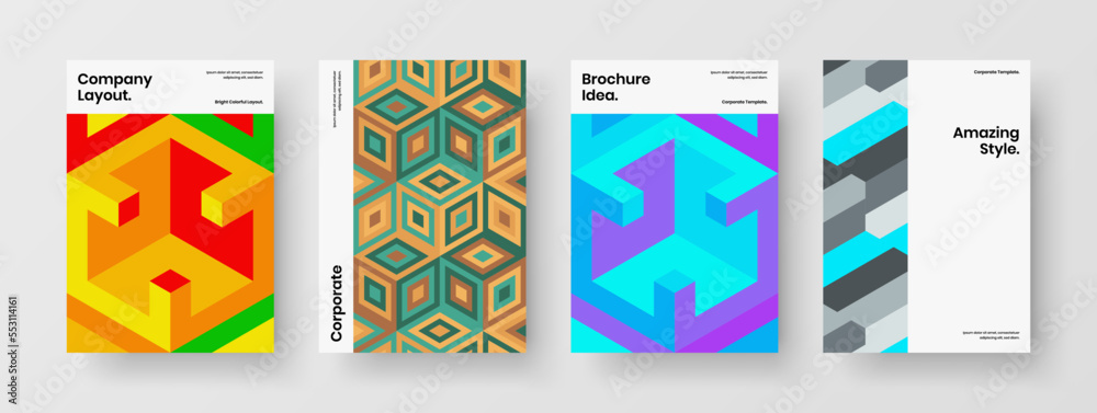 Vivid geometric tiles poster template collection. Bright journal cover A4 vector design illustration set.