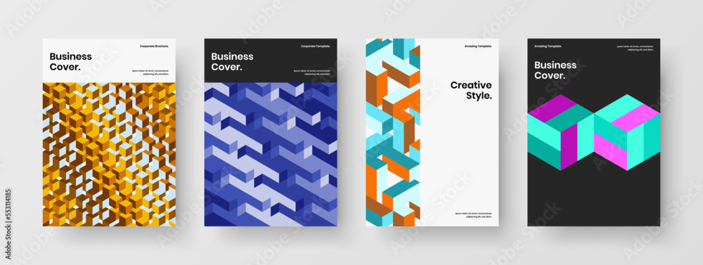 Obraz premium Creative geometric pattern handbill illustration composition. Simple magazine cover A4 design vector template bundle.