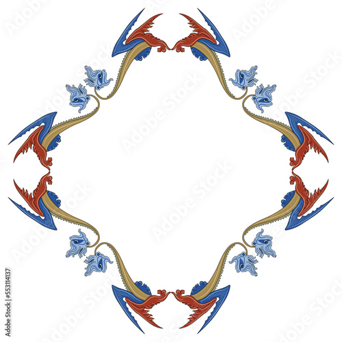 Geometrical rhombus shape frame with fantastic medieval winged dragons. Gothic illuminated manuscript design. Isolated vector illustration.