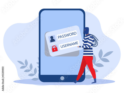 Hacker steal information from person personal account. Phishing and bank fraud.cyber security alert on smartphone. Flat illustration Vector illustration.