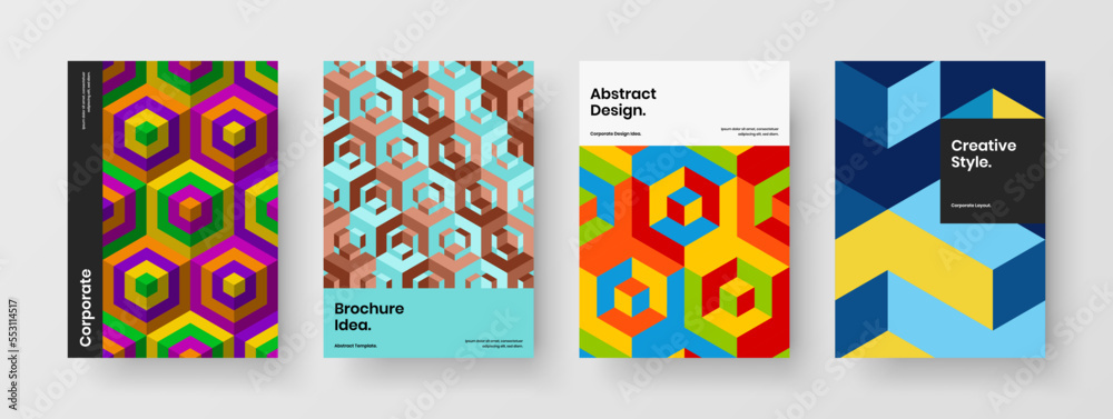 Unique company brochure vector design concept composition. Amazing geometric tiles postcard template collection.