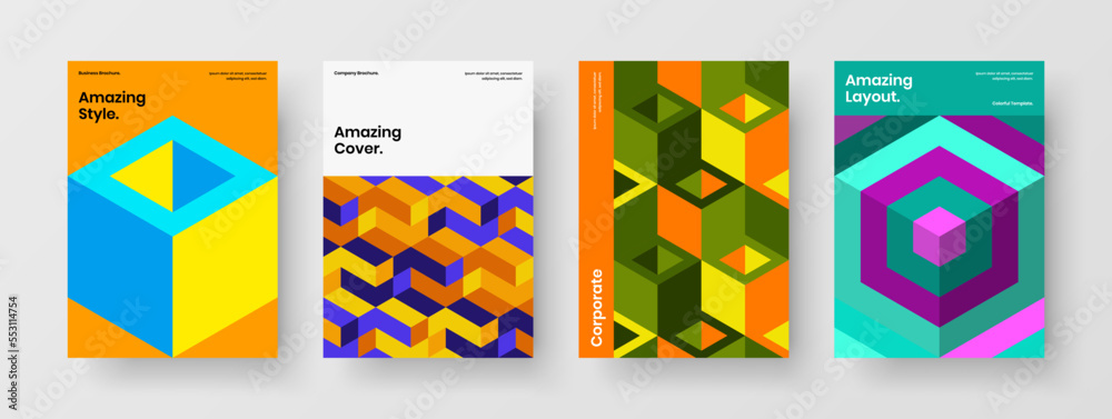 Bright handbill design vector illustration bundle. Simple geometric tiles pamphlet template composition.