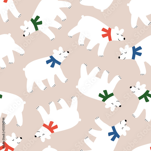 Cute white bears in colorful scarf hand drawn vector illustration. Adorable Christmas animal in flat style seamless pattern for kids fabric or wallpaper.