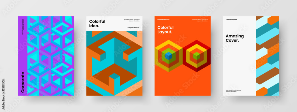 Minimalistic corporate cover design vector concept set. Bright geometric pattern handbill illustration bundle.