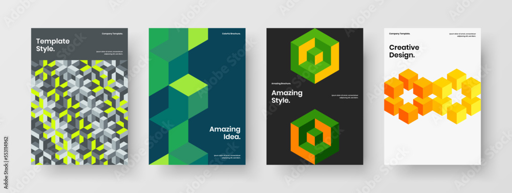 Bright geometric tiles leaflet concept composition. Multicolored brochure design vector illustration bundle. Bright geometric tiles leaflet concept composition. Multicolored brochure design vector illustration bundle.