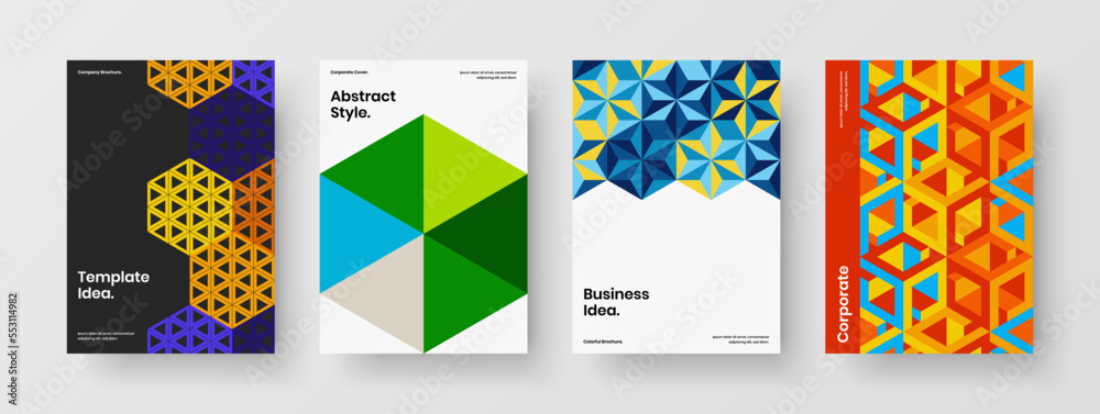 Bright banner A4 vector design concept composition. Multicolored geometric shapes leaflet template collection.