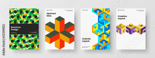 Trendy geometric hexagons book cover illustration bundle. Modern flyer A4 vector design template composition.