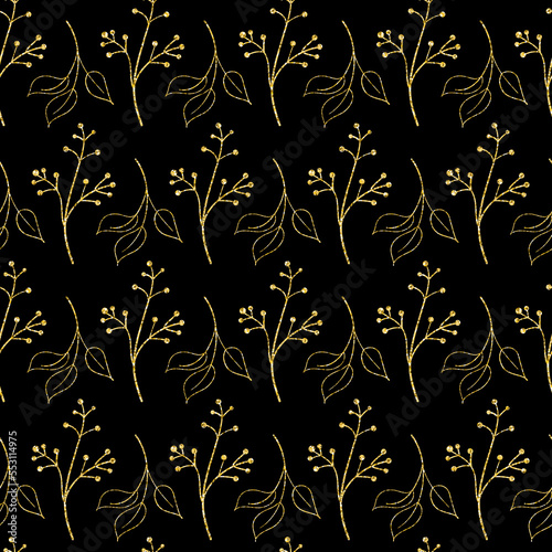 Golden shimmer glitter twig with leaves seamless pattern for textile, decorative illustration