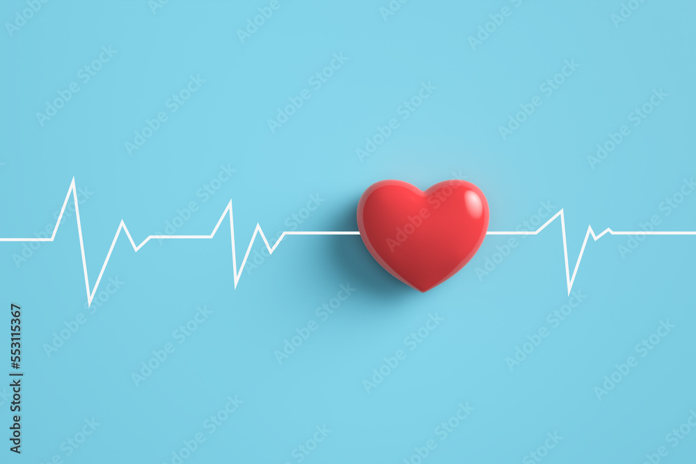 Cardiogram pulse trace with Red heart on pastel blue background. Cardiogram pulse trace with Red heart on pastel blue background.