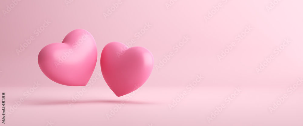 Pink hearts levitated on pink background. Minimal valentines day concept with copy space.