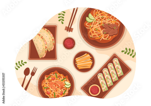 Vietnamese Food Restaurant Menu with Collection of Various Delicious Cuisine Dishes in Flat Style Cartoon Hand Drawn Templates Illustration