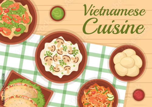 Vietnamese Food Restaurant Menu with Collection of Various Delicious Cuisine Dishes in Flat Style Cartoon Hand Drawn Templates Illustration