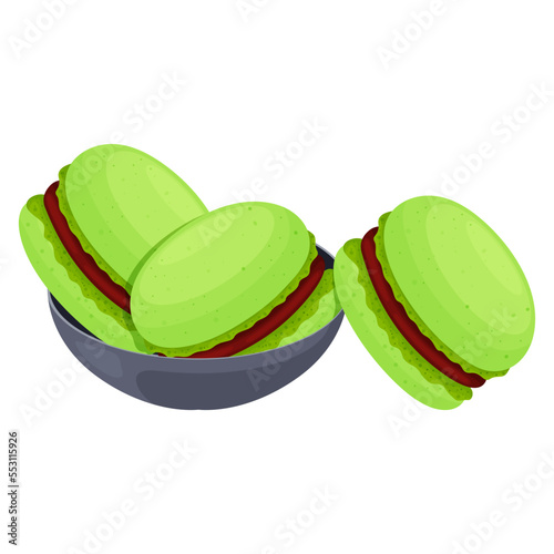 Three match macaroon with chocolate cream in a plate, matcha macaroon, dessert, food clipart