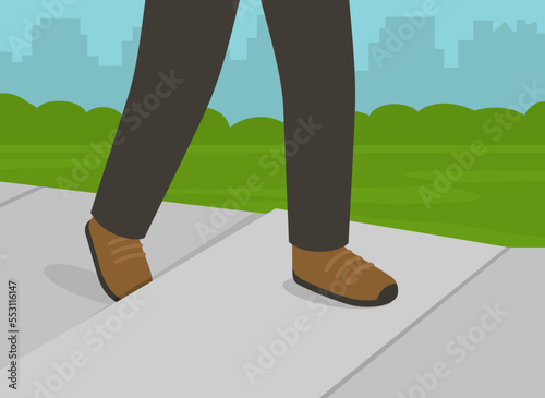 Pedestrian safety rules and tips. Character walking on sidewalk and about to fall down. Close-up view of foot stumbling over raise sinking concrete sidewalk. Flat vector illustration template.