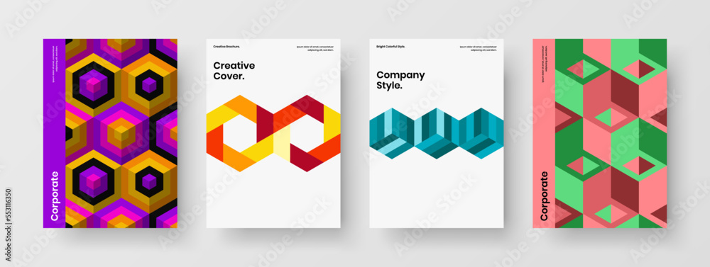 Modern mosaic hexagons catalog cover template set. Vivid corporate identity A4 design vector concept bundle.