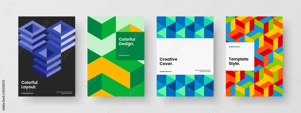 Bright mosaic hexagons catalog cover concept bundle. Fresh presentation A4 design vector illustration set.