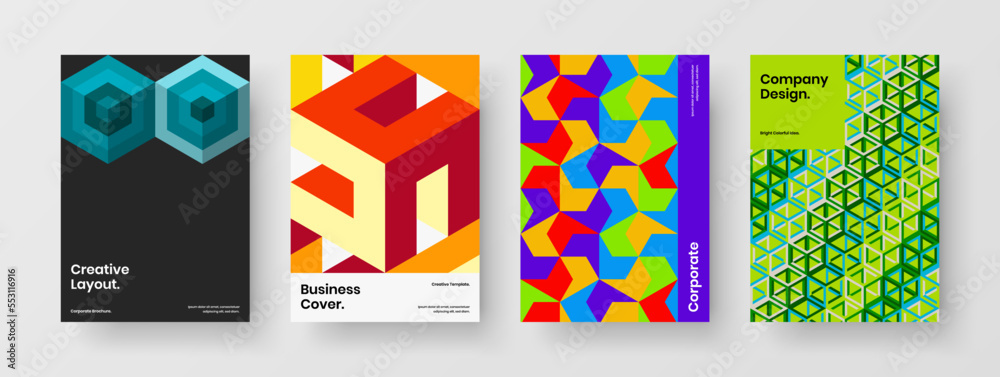 Fototapeta premium Clean pamphlet A4 vector design layout set. Modern geometric hexagons front page illustration composition.