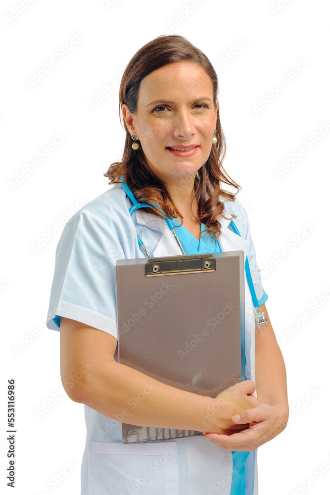 female medical doctor in lab coat with stethoscope standing and holding clipboard female medical doctor in lab coat with stethoscope standing and holding clipboard