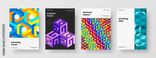 Fresh corporate identity A4 design vector layout set. Creative mosaic shapes cover illustration bundle.