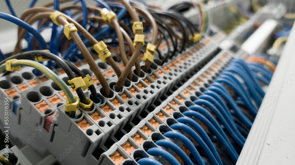 Terminal of control. Control panel assembly with wire and terminal box.wiring circuit control.