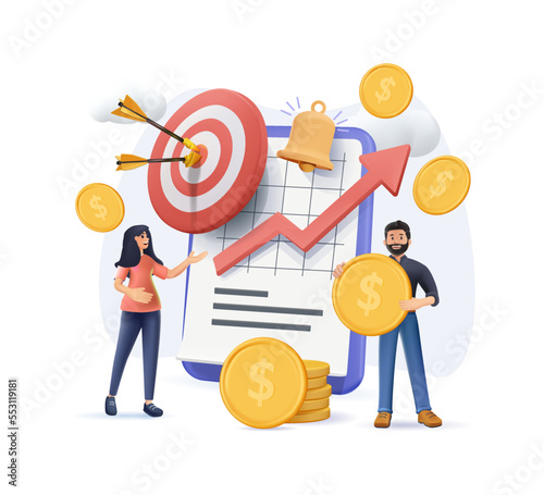 3D Characters manage finances. People calculating and analyzing personal or corporate budget, managing financial income, consulting with accountant. 3D render vector illustration and icons set
