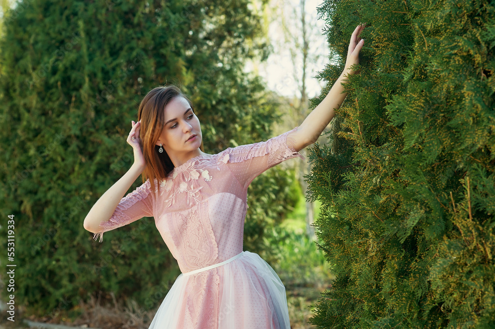 Young attractive woman in a beautiful dress outdoors