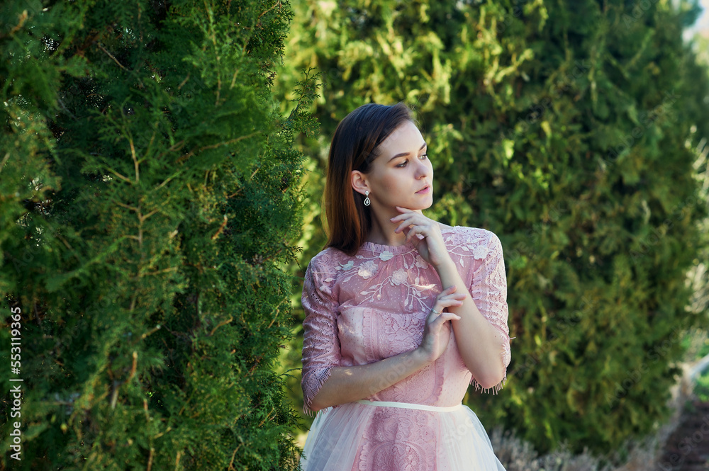 Young attractive woman in a beautiful dress outdoors