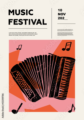 Accordion, squeezebox, squeeze box, squeeze-box, bayan. Music festival poster. Reed musical instruments. Competition. A set of vector illustrations. Minimalistic design. Banner, flyer, cover, print.
