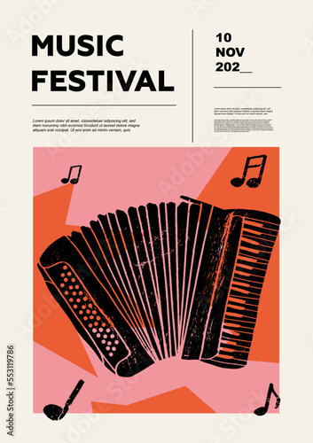 Accordion, squeezebox, squeeze box, squeeze-box, bayan. Music festival poster. Reed musical instruments. Competition. A set of vector illustrations. Minimalistic design. Banner, flyer, cover, print. photo