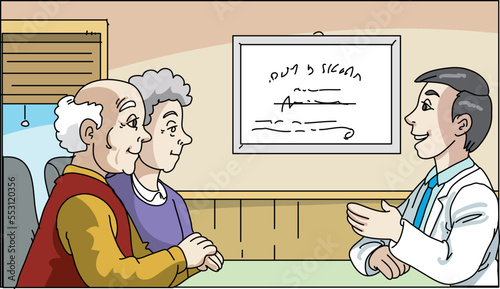 An elderly couple in a doctors appointment. Support for a loved one. Wife and husband together.