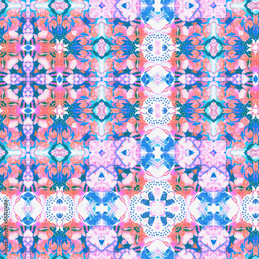 Washed Red Blue blur white vibrant watercolor batik azulejos tile background. Seamless coastal linen effect geometric mosaic effect. Boho Patchwork nautical masculine all over summer fashion repeat.