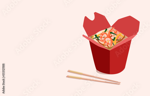 Takeaway carton box noodles with veggies and wok fried shrimp. Take out carton food package with noodle hieroglyphs. Traditional Chinese, Thai dish, flat vector illustration.