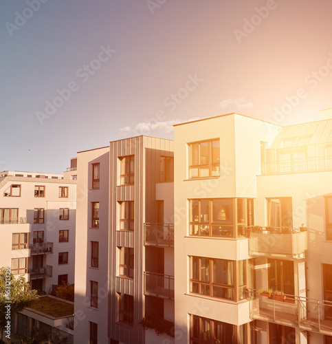 New modern architectural building house. The exterior of a Residental Building on sky background.