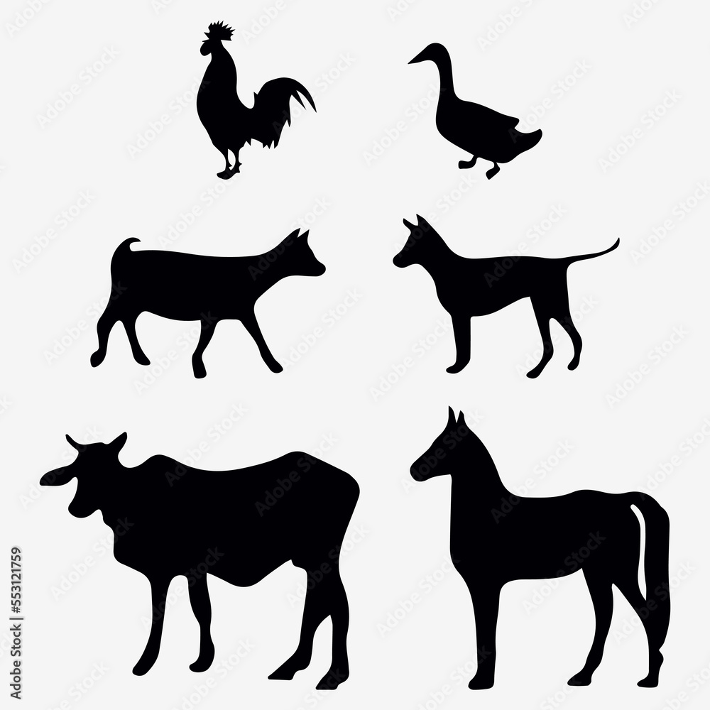 vector silhouettes of farm animals, goose, rooster, dog, cow, cat and horse isolated on white background. livestock and birds icons.