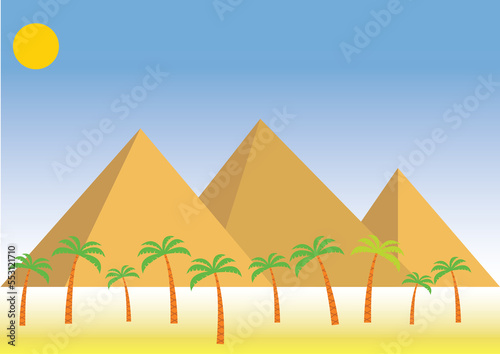 pyramids in the desert .
pyramids of giza .
pyramids in the background .
landscape with pyramids