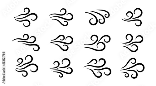 Hand drawn wind air flow icon set. Free breath symbol. Fresh air flow sign. Doodle wind blow icons collection. Weather symbol. Climate design element. Vector illustration isolated on white background.